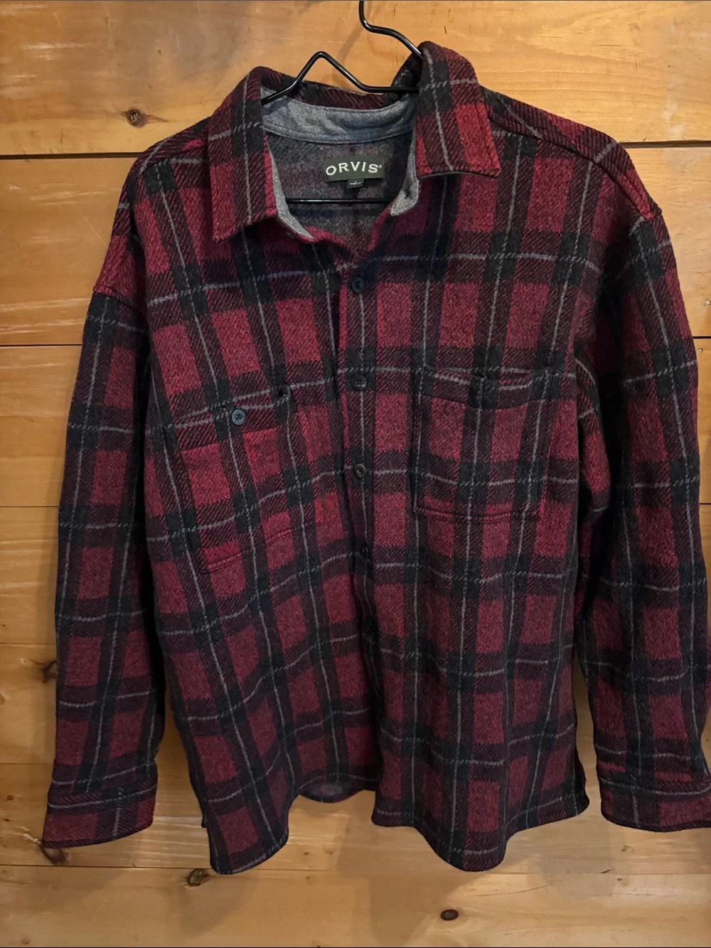 Orvis Men's Burgundy and Black Plaid Shirt Jacket